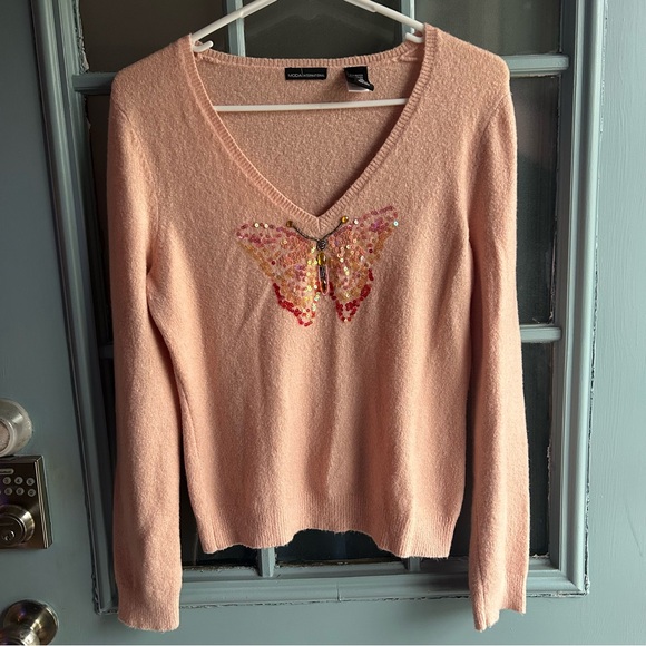 Vintage Tops - Y2K Vintage Beaded Sequin Butterfly Long Sleeve Rabbit Hair Sweater Coral Pink M